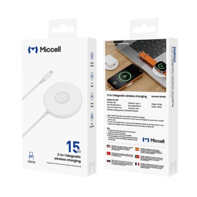 Miccell 15W 3-in-1 Magnetic Wireless Charger USB-C 100cm White