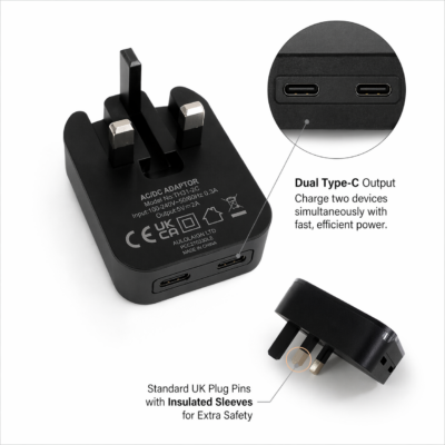TH31 Folding Dual USB C Plug Fast Charger UK Plug Black Compatible with iPhone iPad AirPods Watch Type C Head Wall Plug